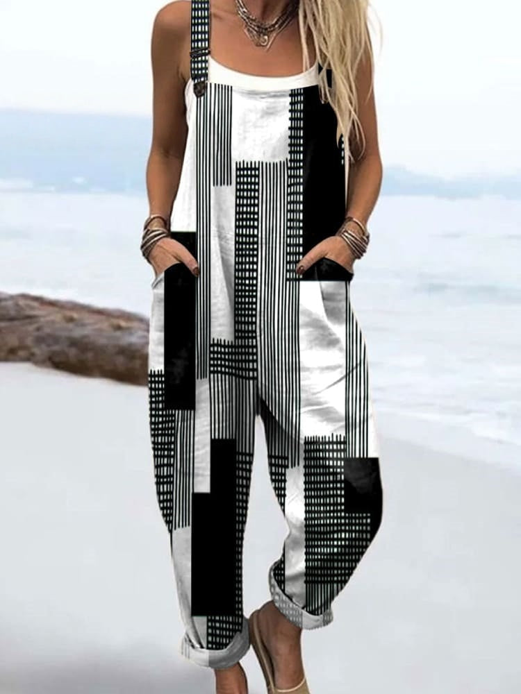 Combinaison large en coton et lin, rayures abstraites noir et blanc