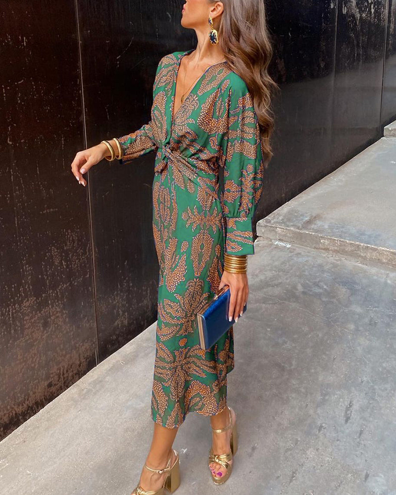 Robe midi ajustée à nœud croisé et imprimé cachemire