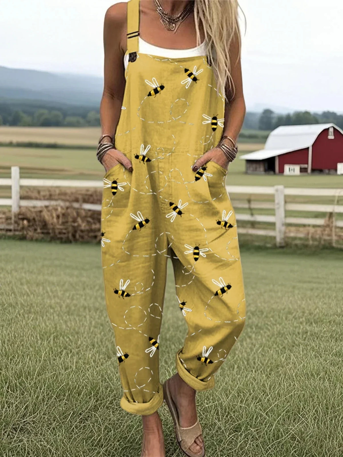 Combinaison large en coton et lin, brodée d'abeilles