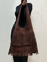 Sophia | Grand sac rétro en suédine café à pompons