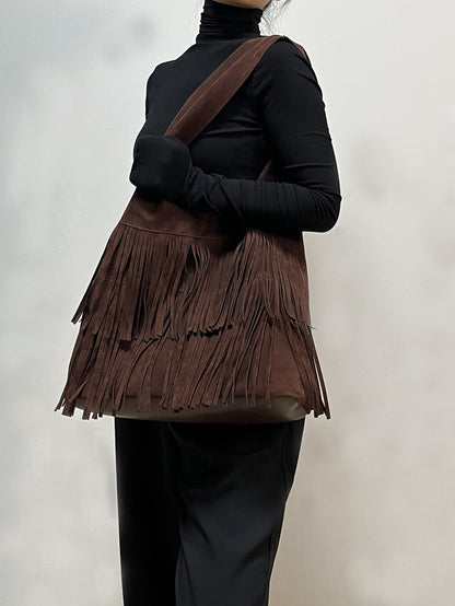 Sophia | Grand sac rétro en suédine café à pompons