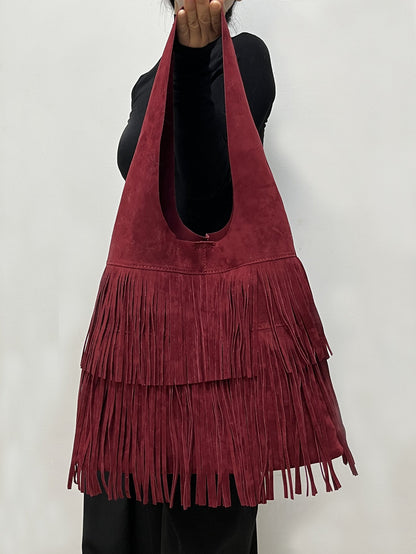 Sophia | Grand sac rétro en suédine café à pompons