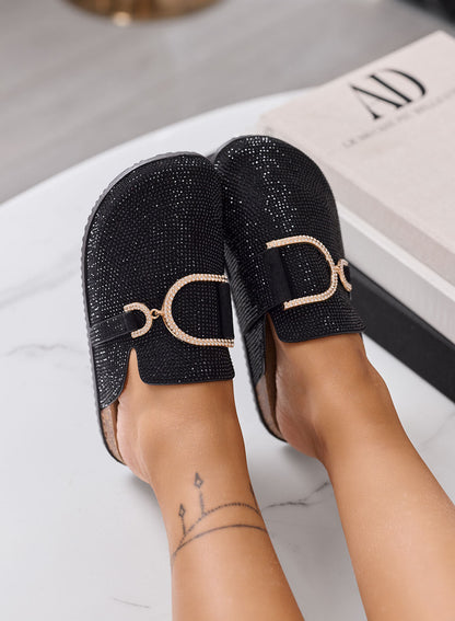 GINA | Mules d'intérieur noires à strass et boucle bijou