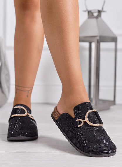 GINA | Mules d'intérieur noires à strass et boucle bijou