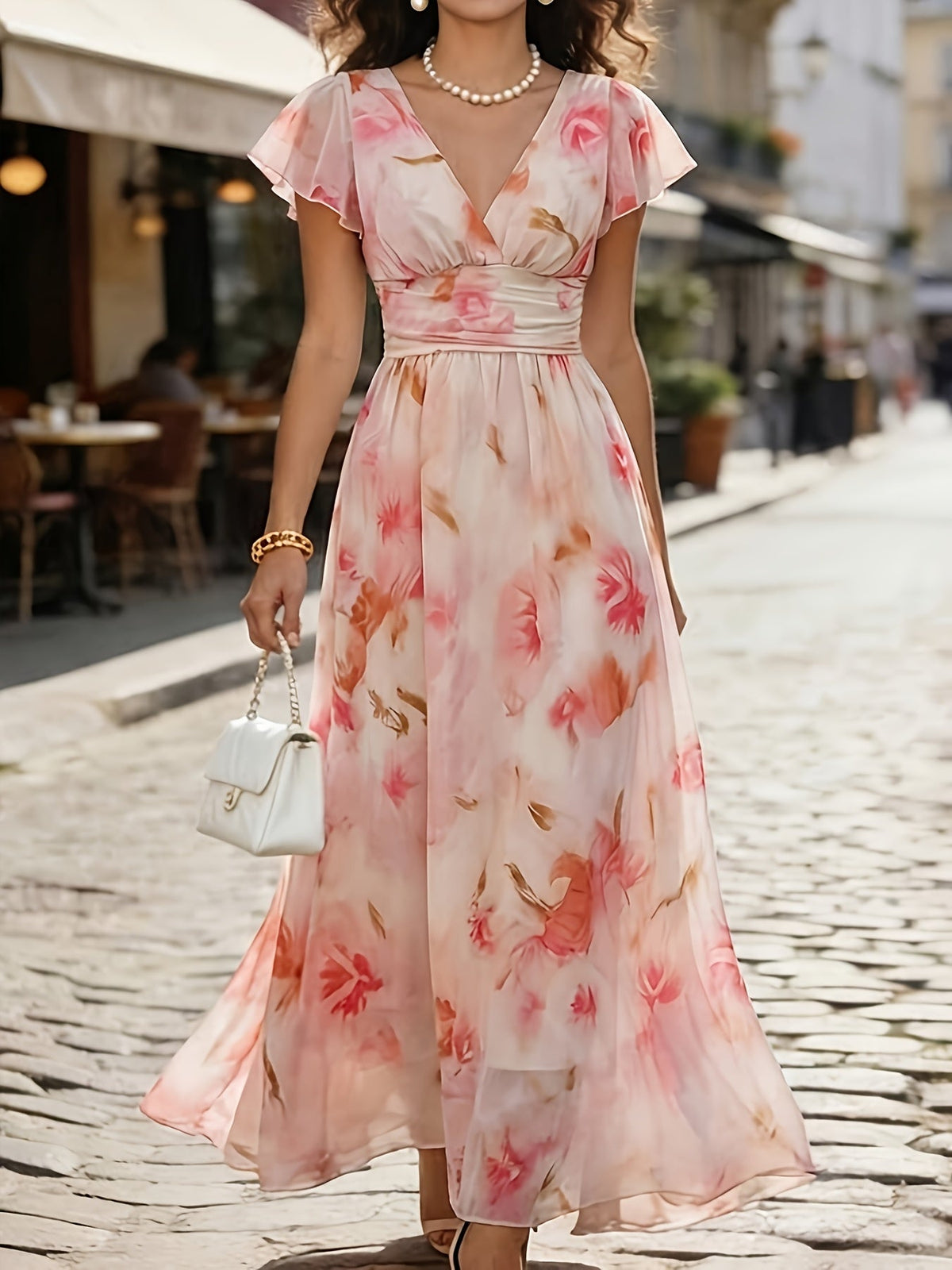 Robe longue fluide fleurie à col V et manches volantées – Invitée de mariage