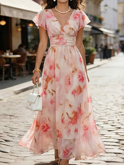 Robe longue fluide fleurie à col V et manches volantées – Invitée de mariage
