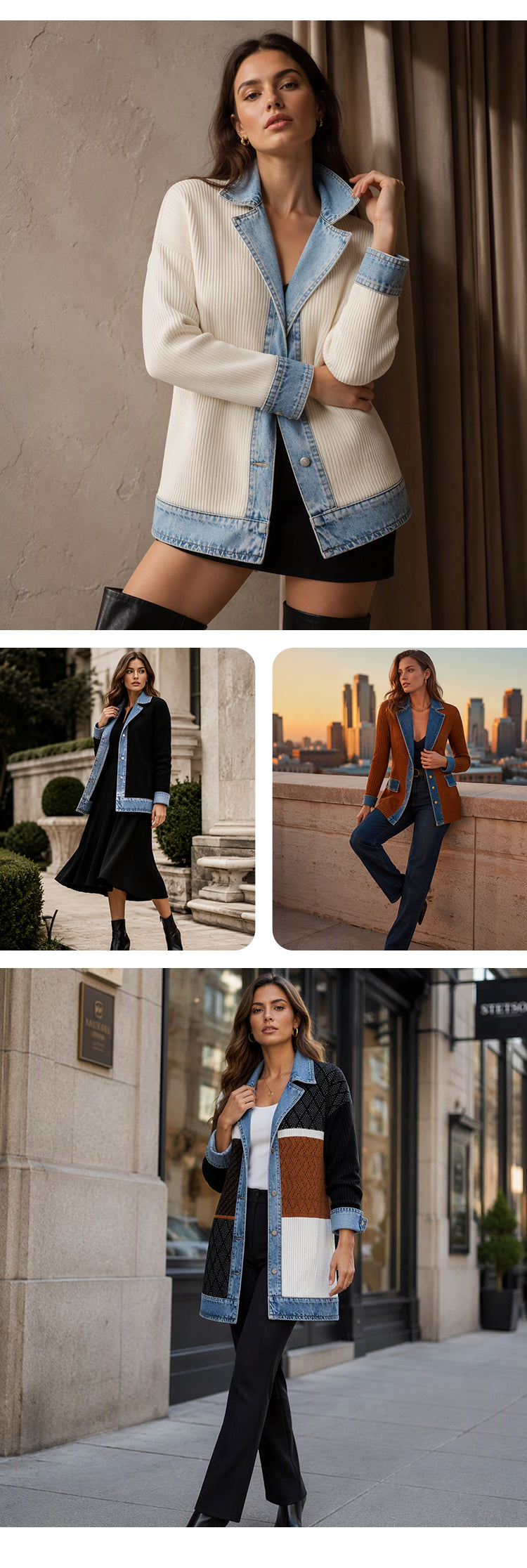 Élégant manteau en maille côtelée à empiècements en jean
