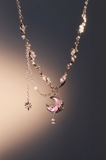 Collier lune et rose scintillant, plaqué or blanc