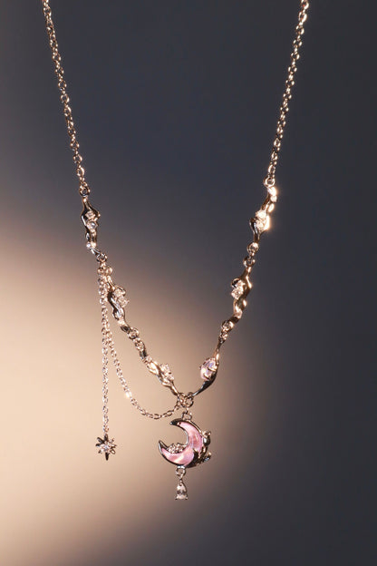 Collier lune et rose scintillant, plaqué or blanc