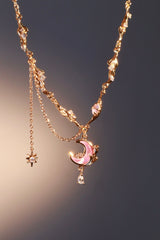 Collier lune et rose scintillant, plaqué or 18 carats