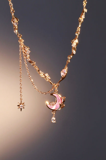 Collier lune et rose scintillant, plaqué or 18 carats