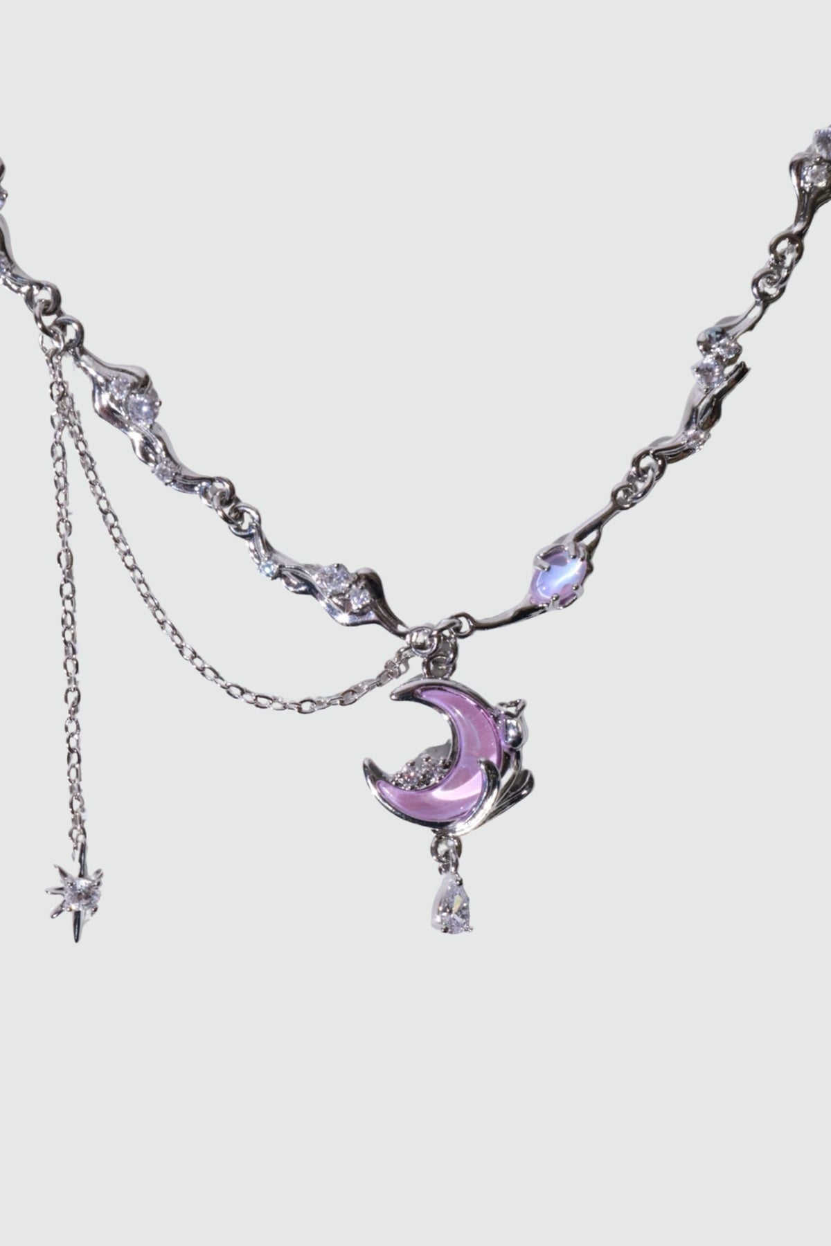 Collier lune et rose scintillant, plaqué or blanc