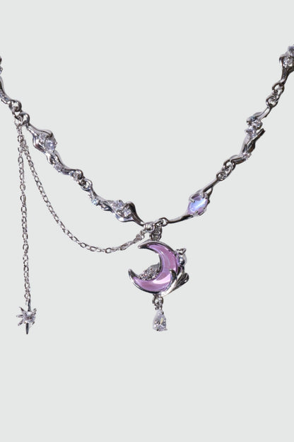 Collier lune et rose scintillant, plaqué or blanc