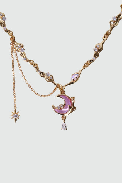 Collier lune et rose scintillant, plaqué or 18 carats