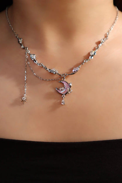 Collier lune et rose scintillant, plaqué or blanc