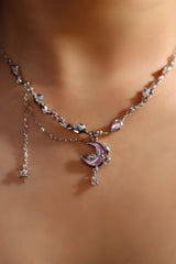 Collier lune et rose scintillant, plaqué or blanc