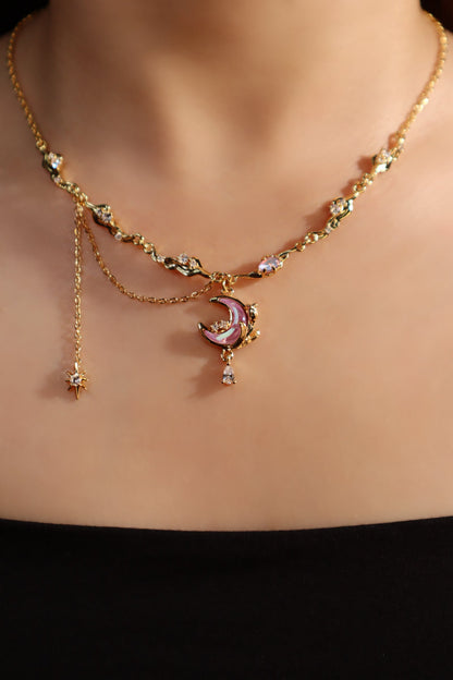 Collier lune et rose scintillant, plaqué or 18 carats