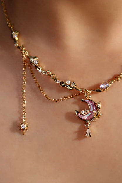 Collier lune et rose scintillant, plaqué or 18 carats