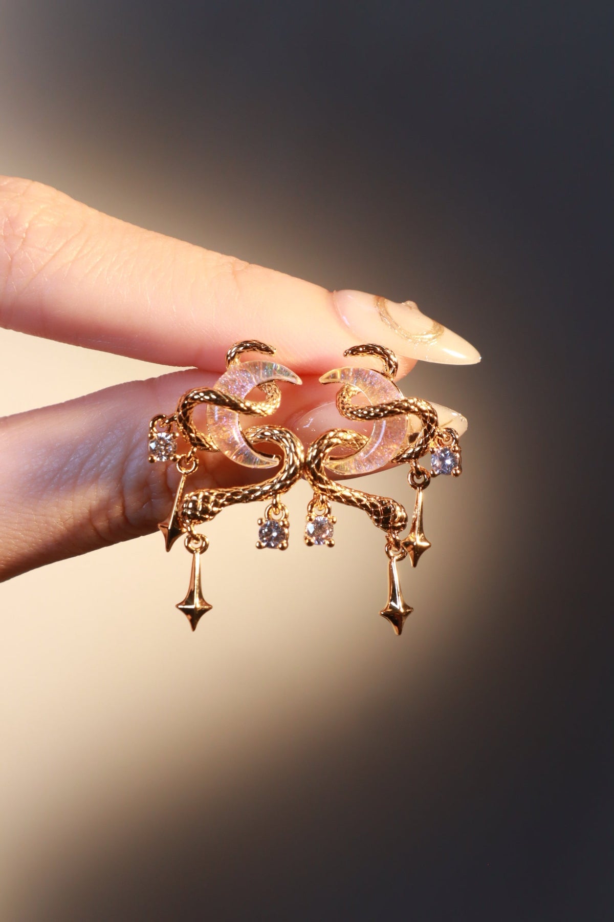 Boucles d'oreilles serpent et lune, plaqué or 18 carats