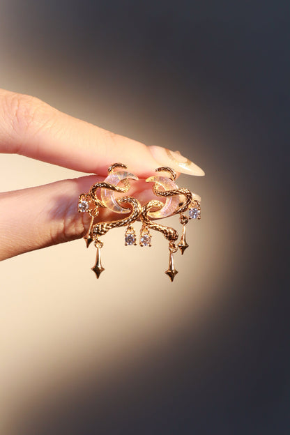 Boucles d'oreilles serpent et lune, plaqué or 18 carats