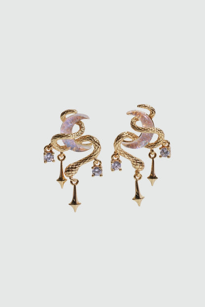 Boucles d'oreilles serpent et lune, plaqué or 18 carats