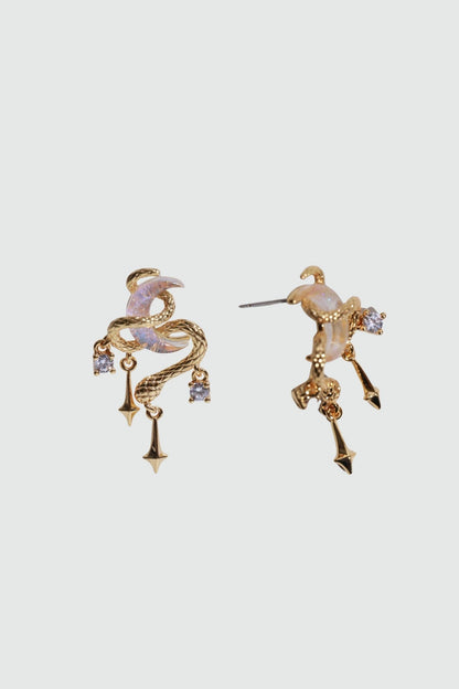 Boucles d'oreilles serpent et lune, plaqué or 18 carats