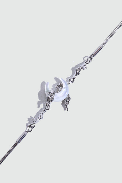 Bracelet lune en nacre naturelle, plaqué or blanc