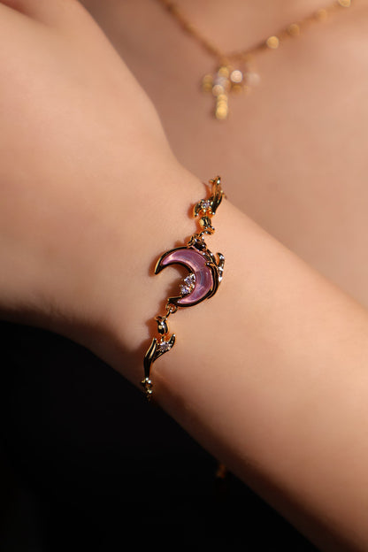 Bracelet lune et rose scintillant, plaqué or 18 carats