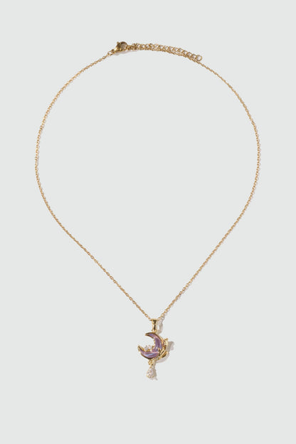 Collier lune et rose mauve, plaqué or 18 carats