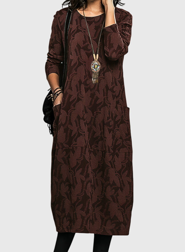 Robe midi décontractée en jacquard fleuri avec poches
