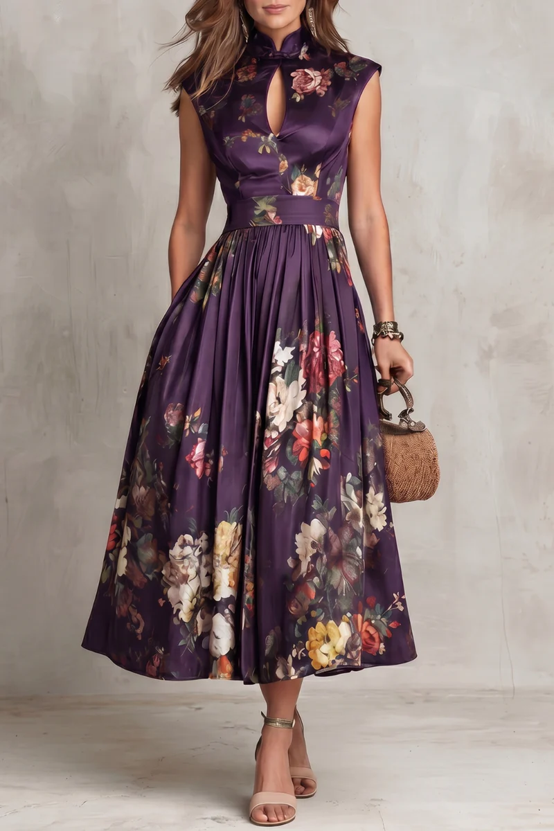Mary | Robe midi en satin plissé fleuri à col trou de serrure noir