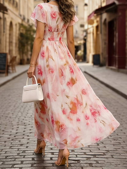Robe longue fluide fleurie à col V et manches volantées – Invitée de mariage