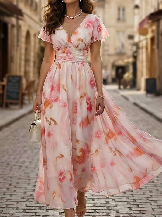 Robe longue fluide fleurie à col V et manches volantées – Invitée de mariage