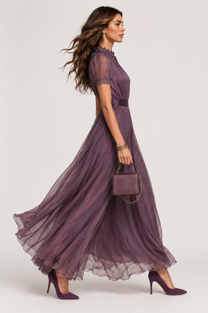 Liliana | Robe longue en mousseline et dentelle
