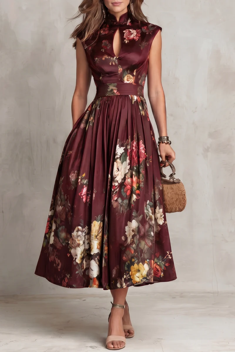 Mary | Robe midi en satin plissé fleuri à col trou de serrure noir