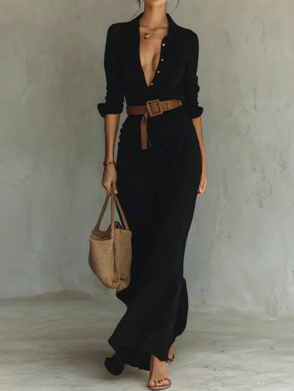 Camille™ | Robe longue à revers et taille marquée