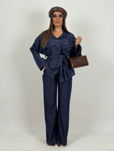Ensemble en jean deux pièces : veste ceinturée et pantalon