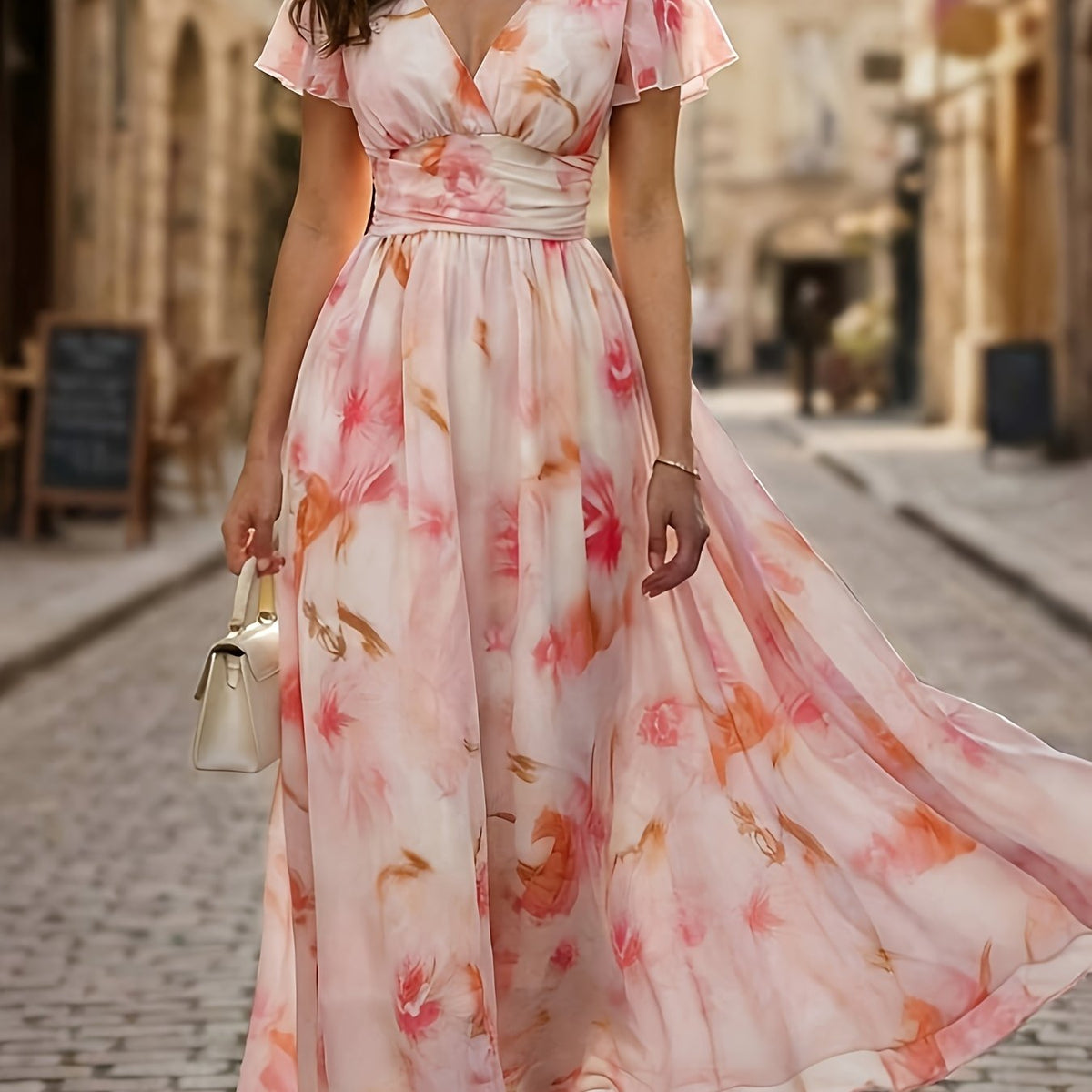 Robe longue fluide fleurie à col V et manches volantées – Invitée de mariage