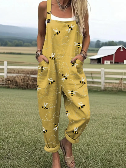 Combinaison large en coton et lin, brodée d'abeilles