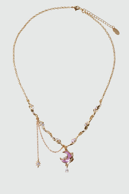 Collier lune et rose scintillant, plaqué or 18 carats