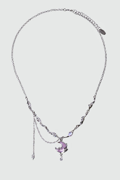 Collier lune et rose scintillant, plaqué or blanc