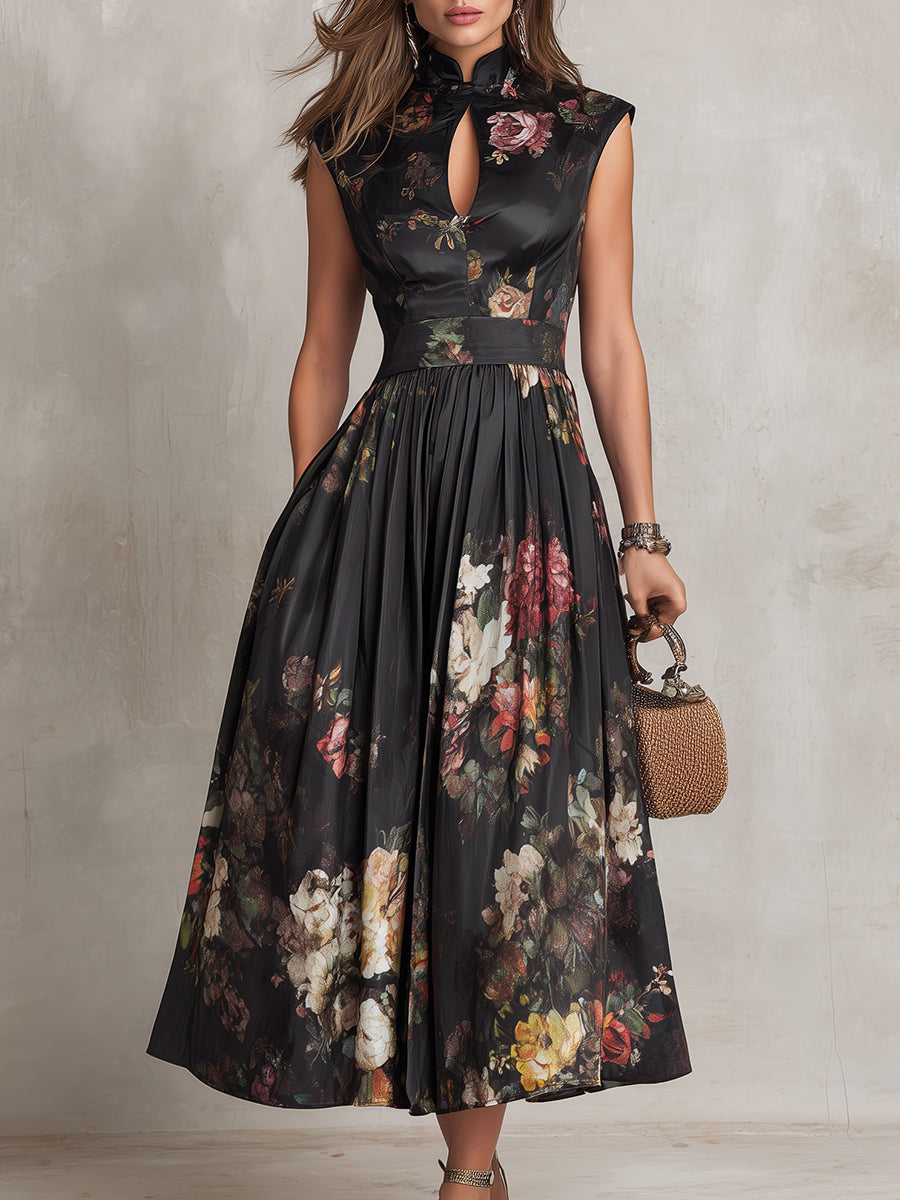 Mary | Robe midi en satin plissé fleuri à col trou de serrure noir