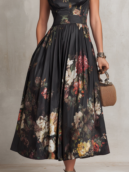 Mary | Robe midi en satin plissé fleuri à col trou de serrure noir