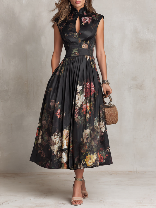 Mary | Robe midi en satin plissé fleuri à col trou de serrure noir