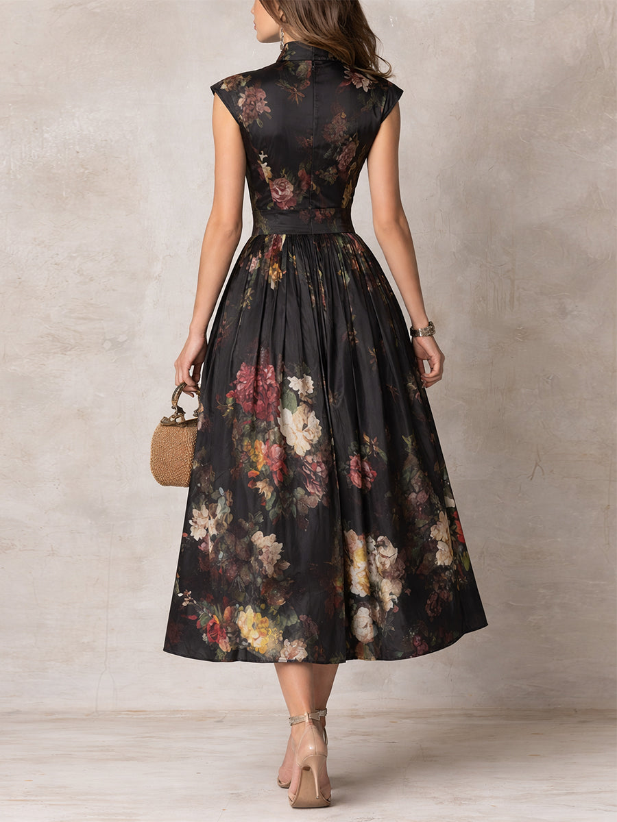 Mary | Robe midi en satin plissé fleuri à col trou de serrure noir