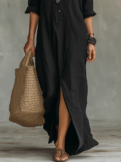 Soline™ | Robe longue noire boutonnée