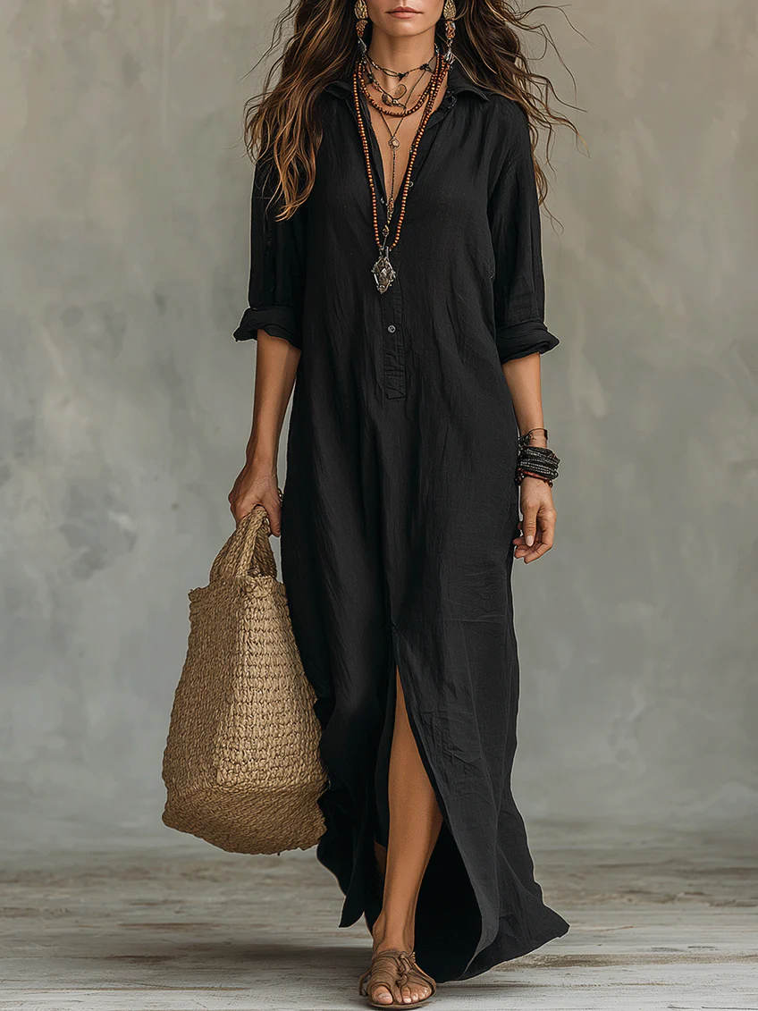 Soline™ | Robe longue noire boutonnée