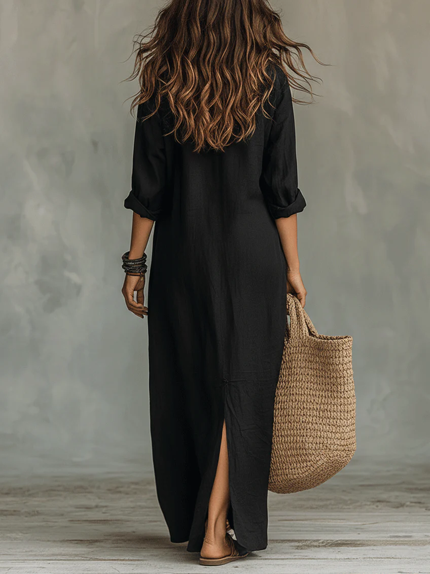Soline™ | Robe longue noire boutonnée