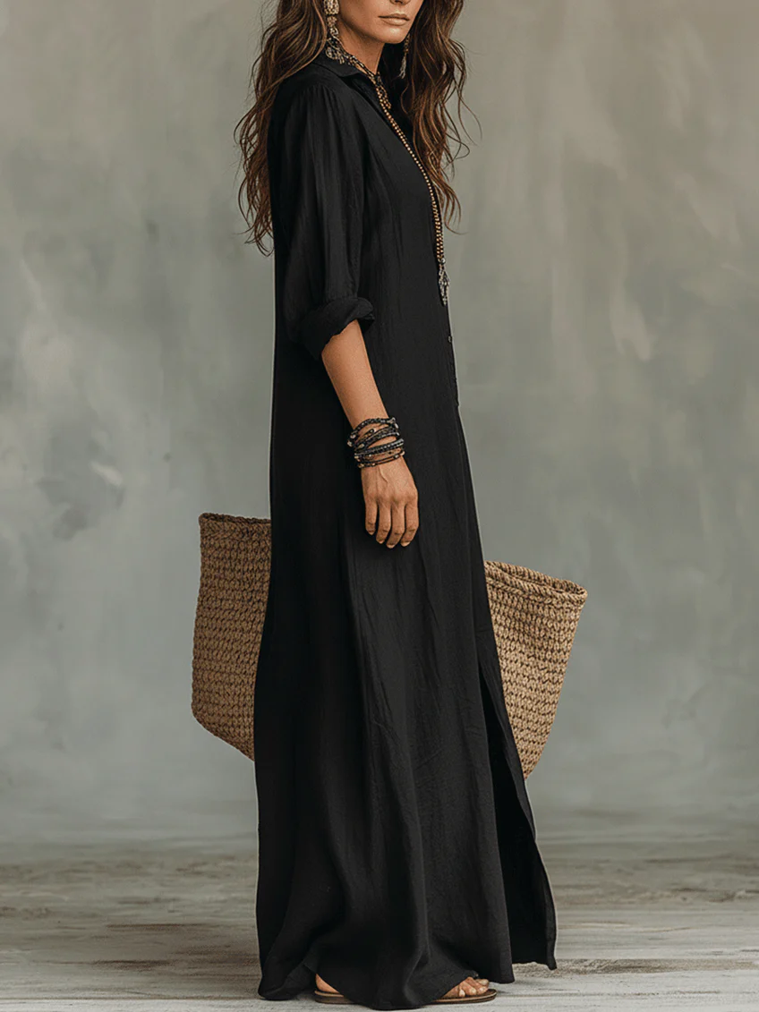Soline™ | Robe longue noire boutonnée