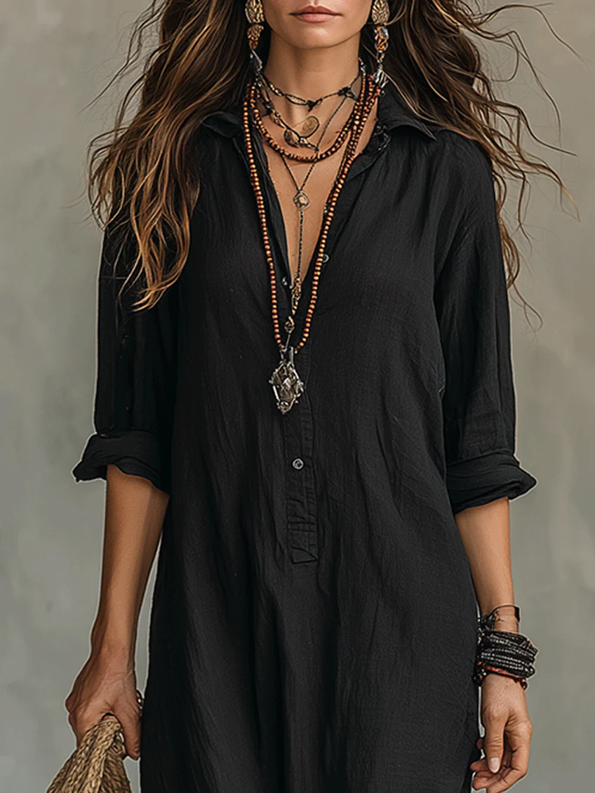 Soline™ | Robe longue noire boutonnée